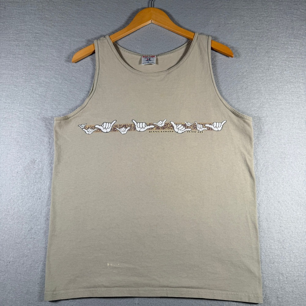 Vintage Tee Jays Hangloose Hawaii Shaka Tank Top Mens Large Tan Made in USA